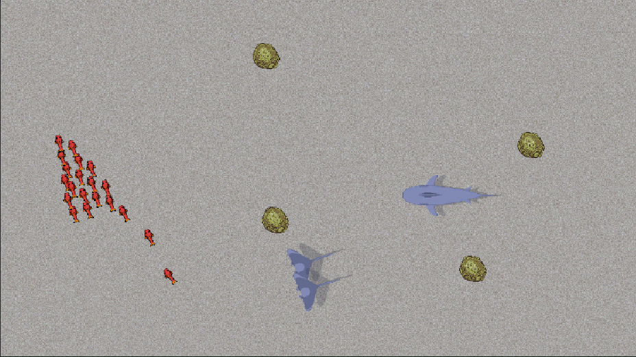 Gameplay for Blood in the Water: A BOIDs (flocking) game made from scratch in Unity using C#
